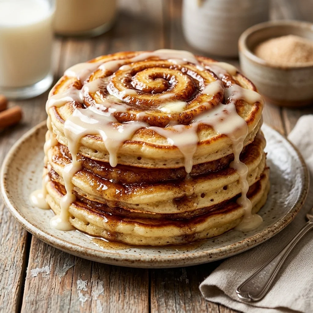 Fluffy cinnamon roll pancakes drizzled with icing on a plate.