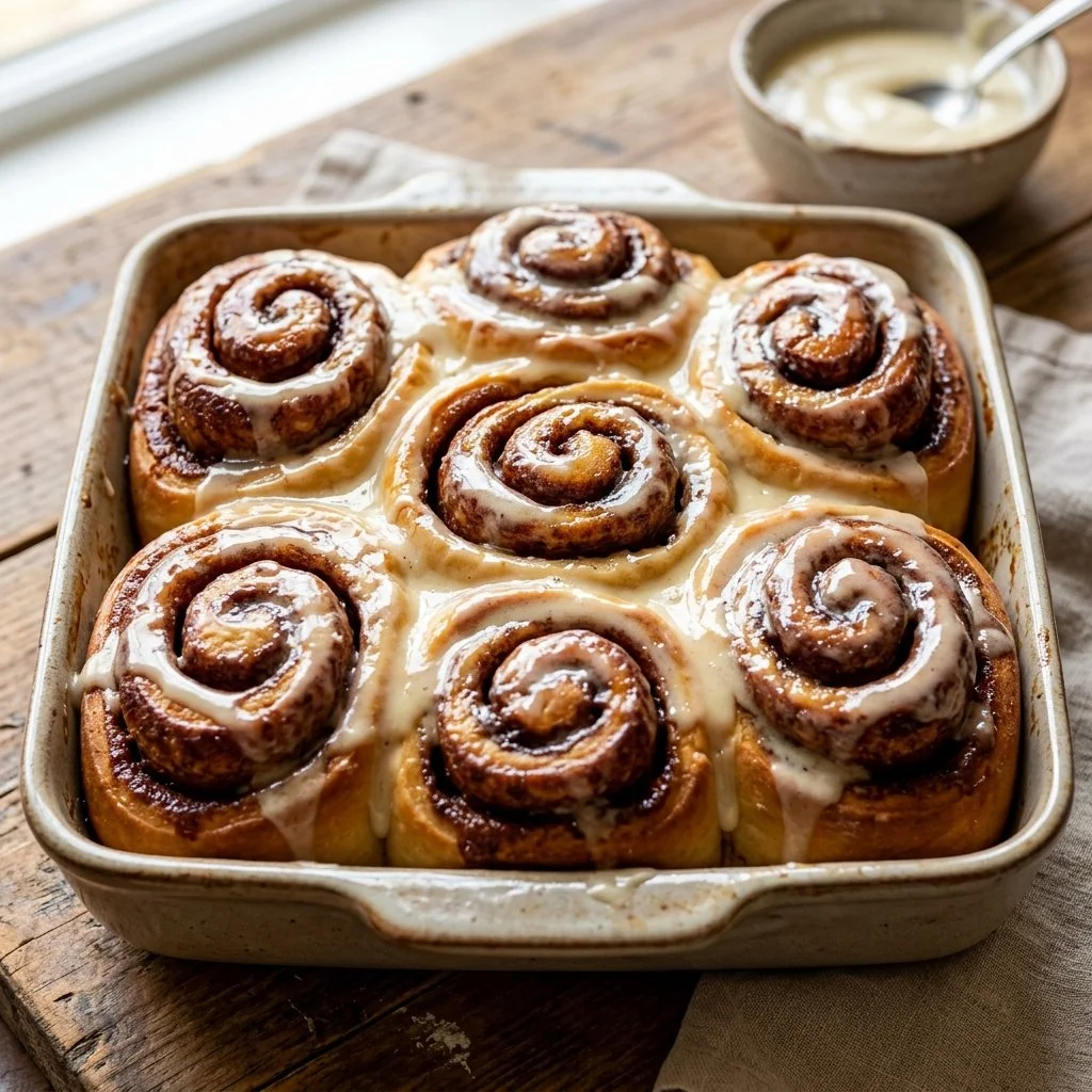 Freshly baked cinnamon rolls with icing on top