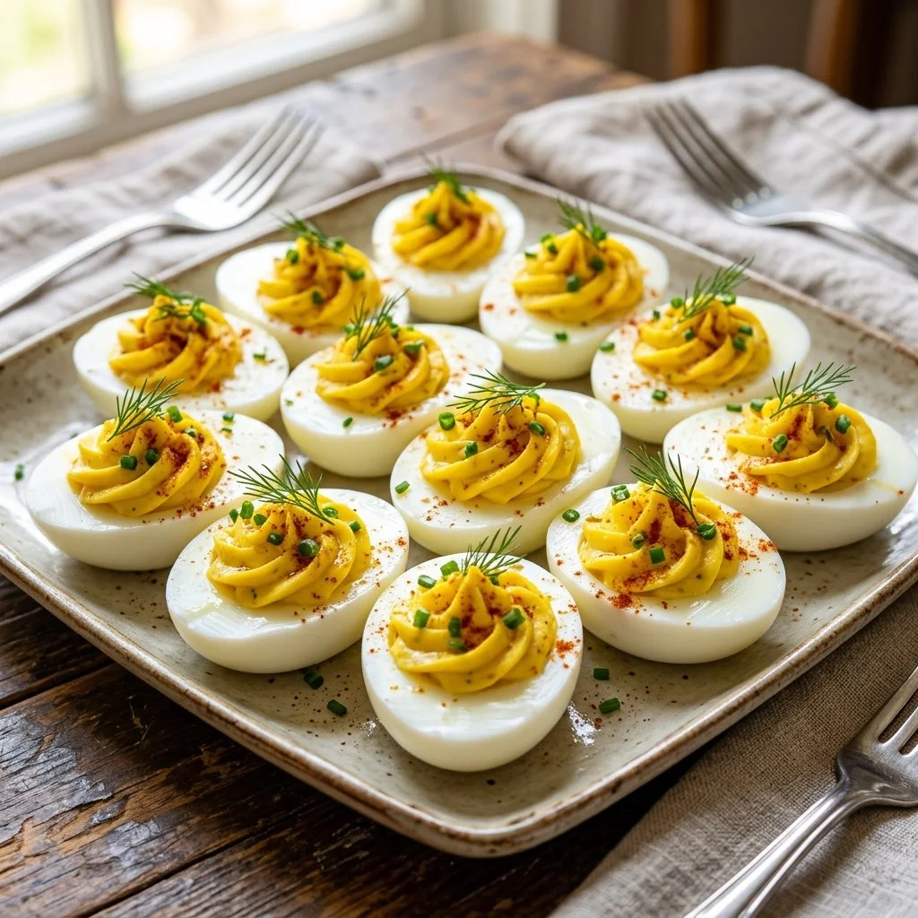 Delicious classic deviled eggs recipe topped with paprika