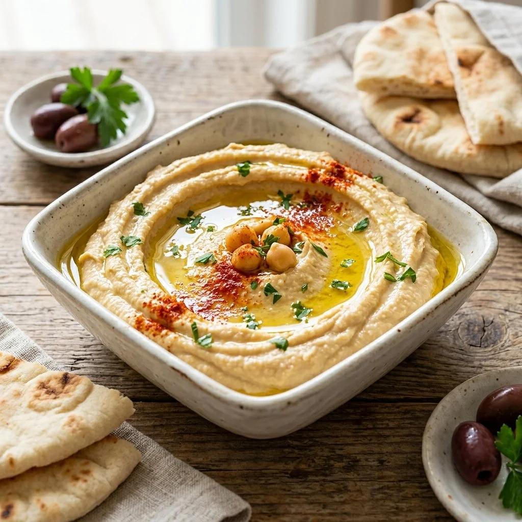 Bowl of classic hummus topped with olive oil and parsley, served with pita.