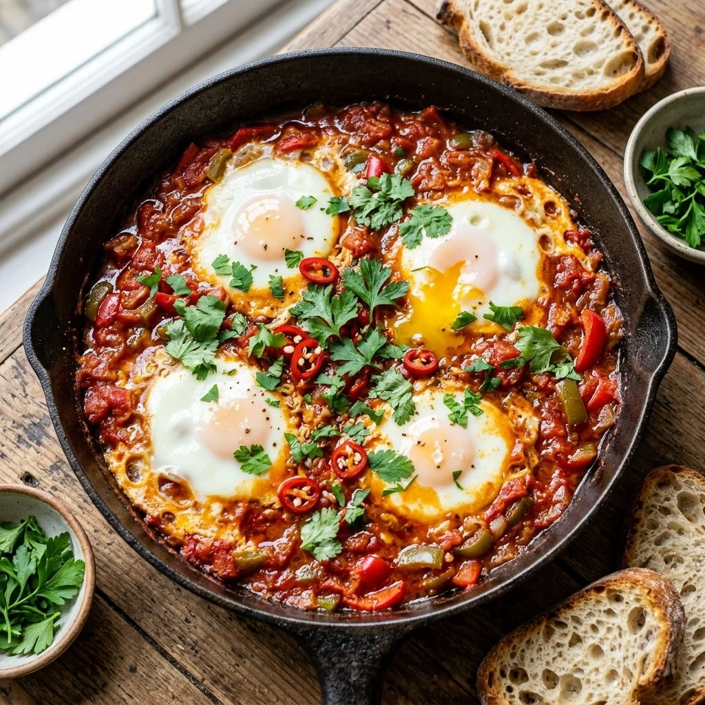 Delicious classic shakshuka served in a skillet with eggs and spices