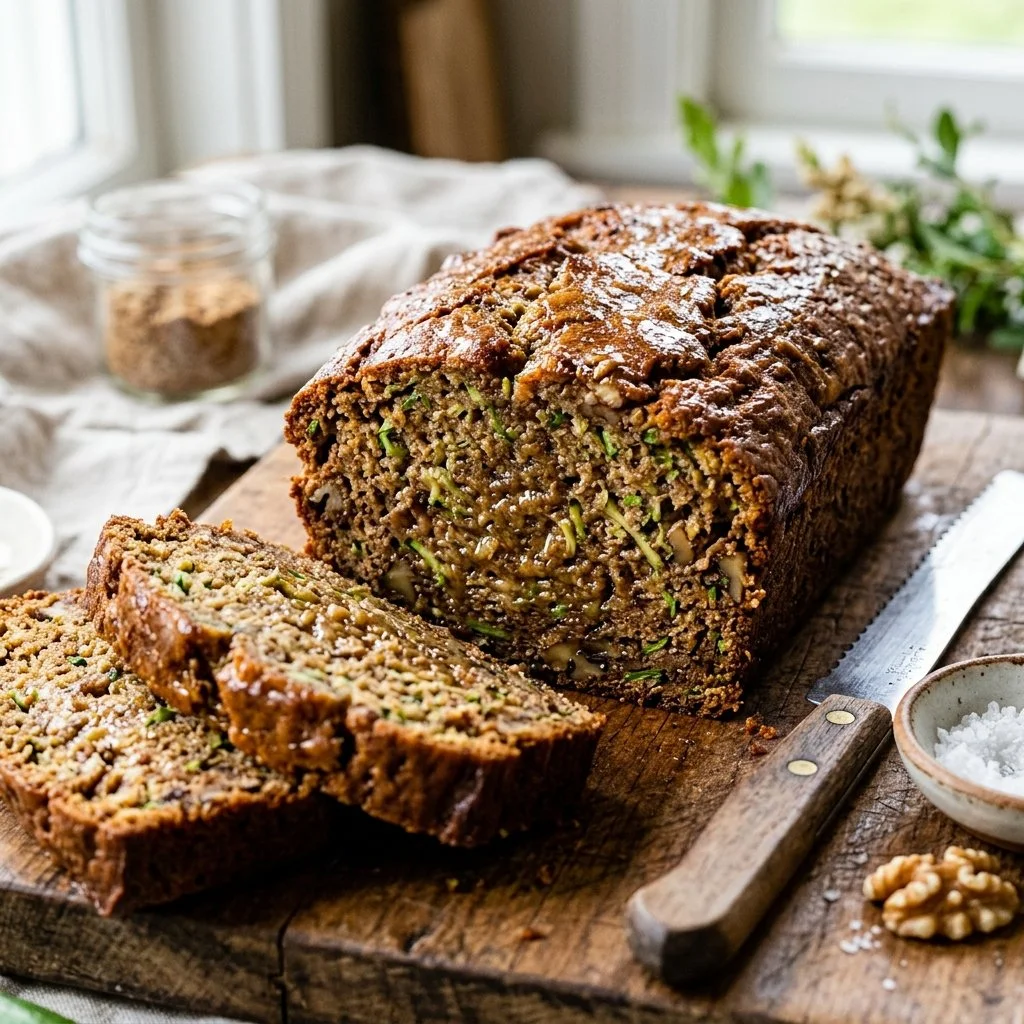 Freshly baked classic zucchini bread loaf on a wooden cutting board.