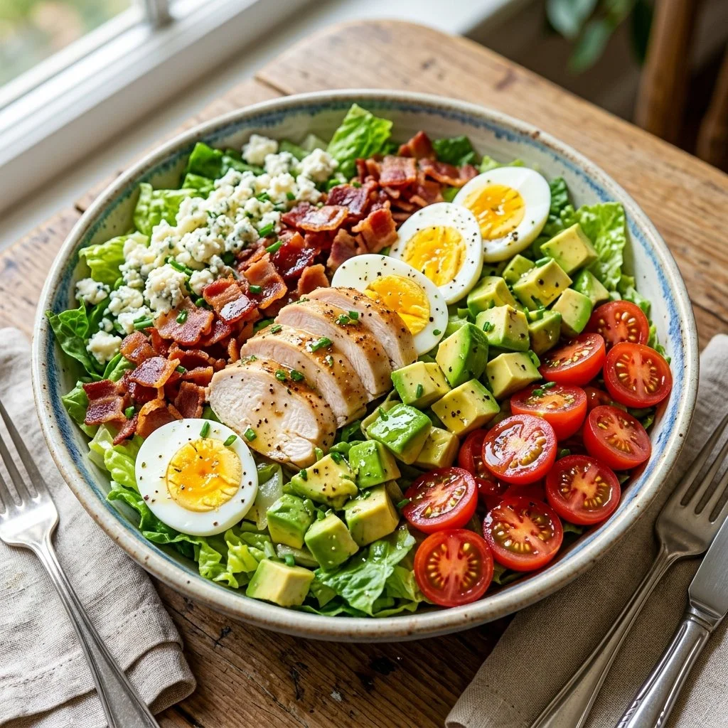Deliciously fresh Cobb Salad with mixed greens, bacon, eggs, and avocado.