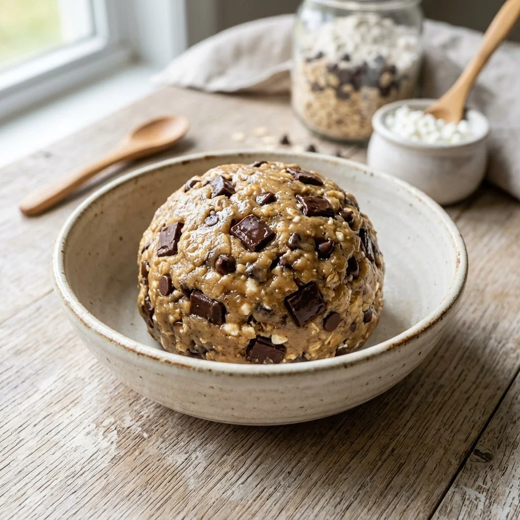 Delicious cottage cheese cookie dough in a bowl ready to bake