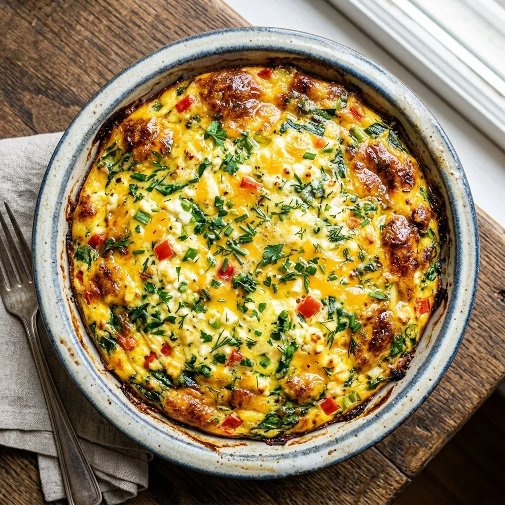Baked cottage cheese egg dish served in a casserole dish, garnished with herbs.