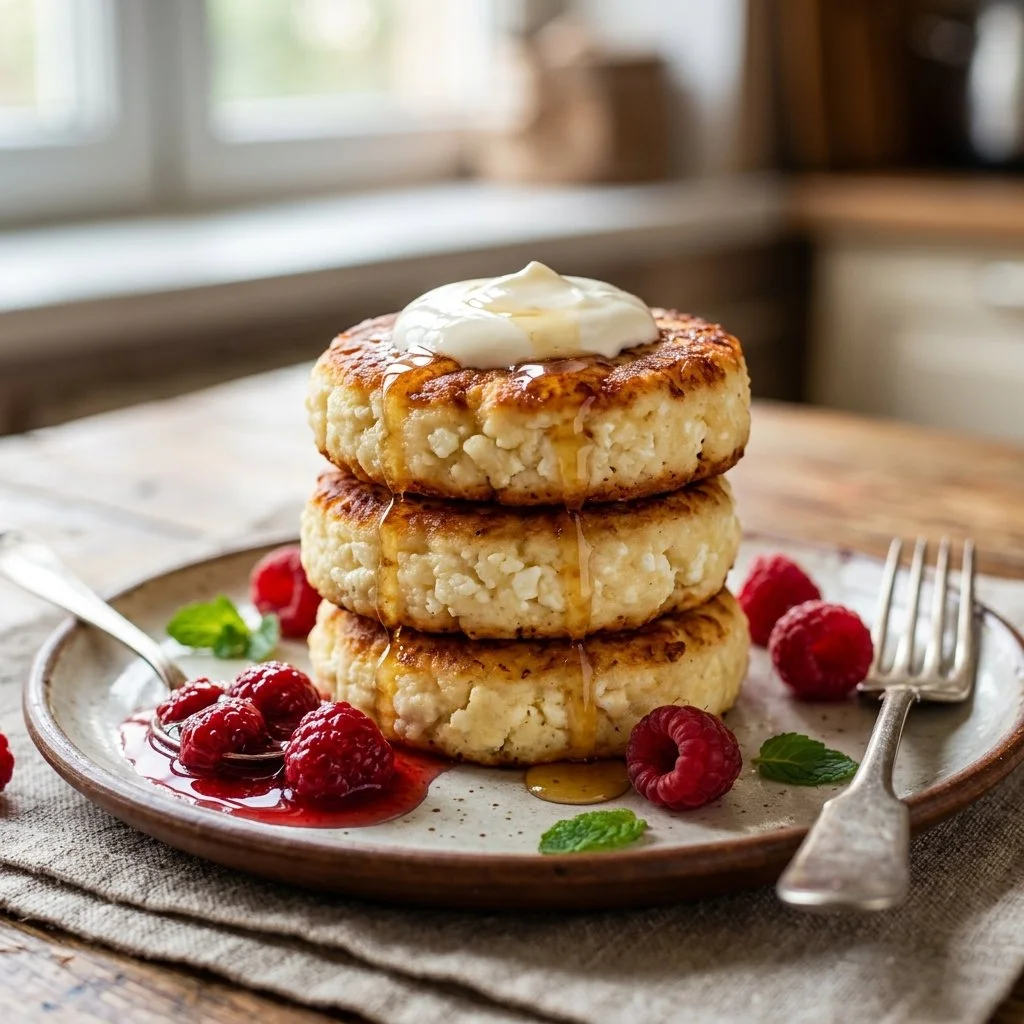Fluffy Cottage Cheese Pancakes served with fresh fruit