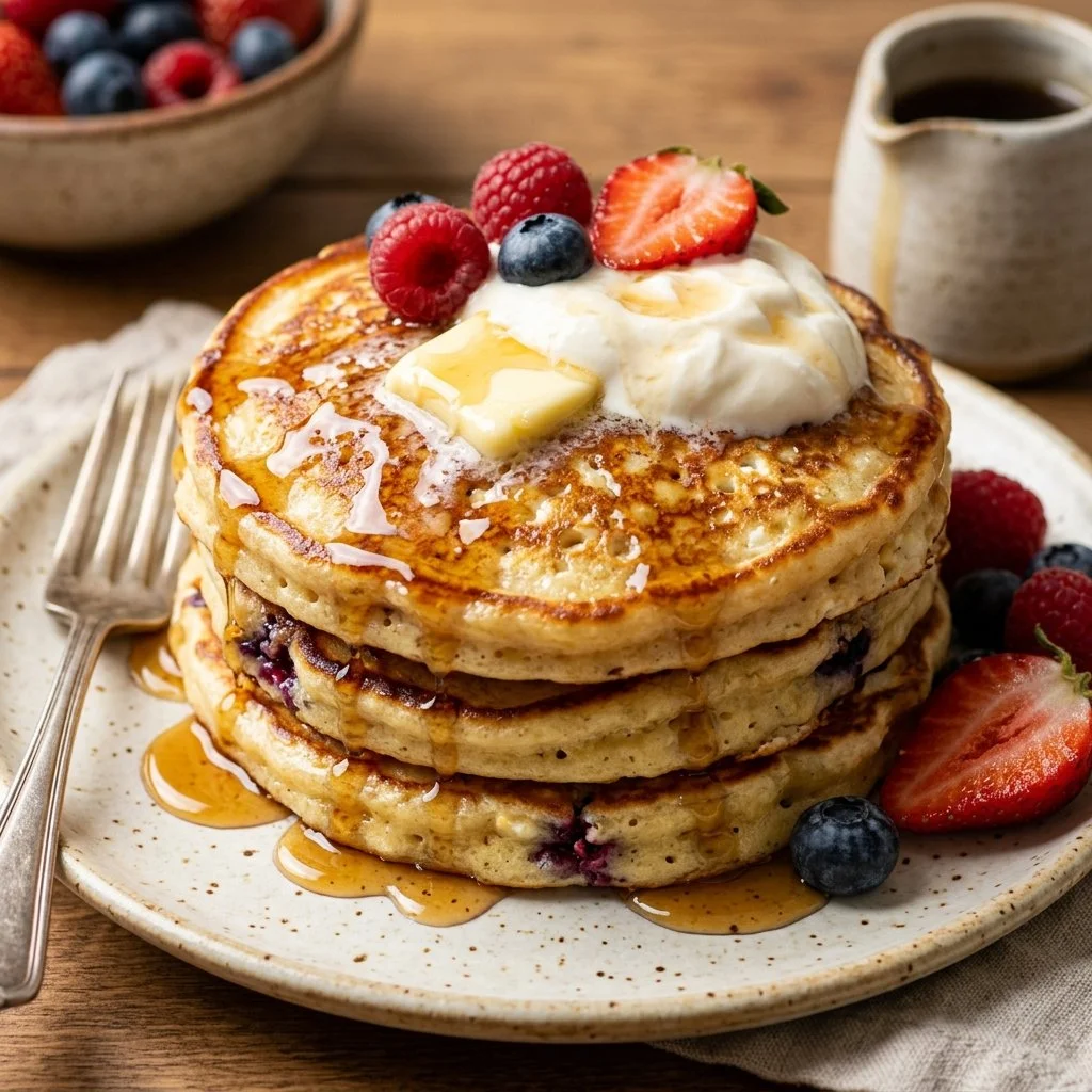 Fluffy cottage cheese pancakes served with syrup and fresh fruits