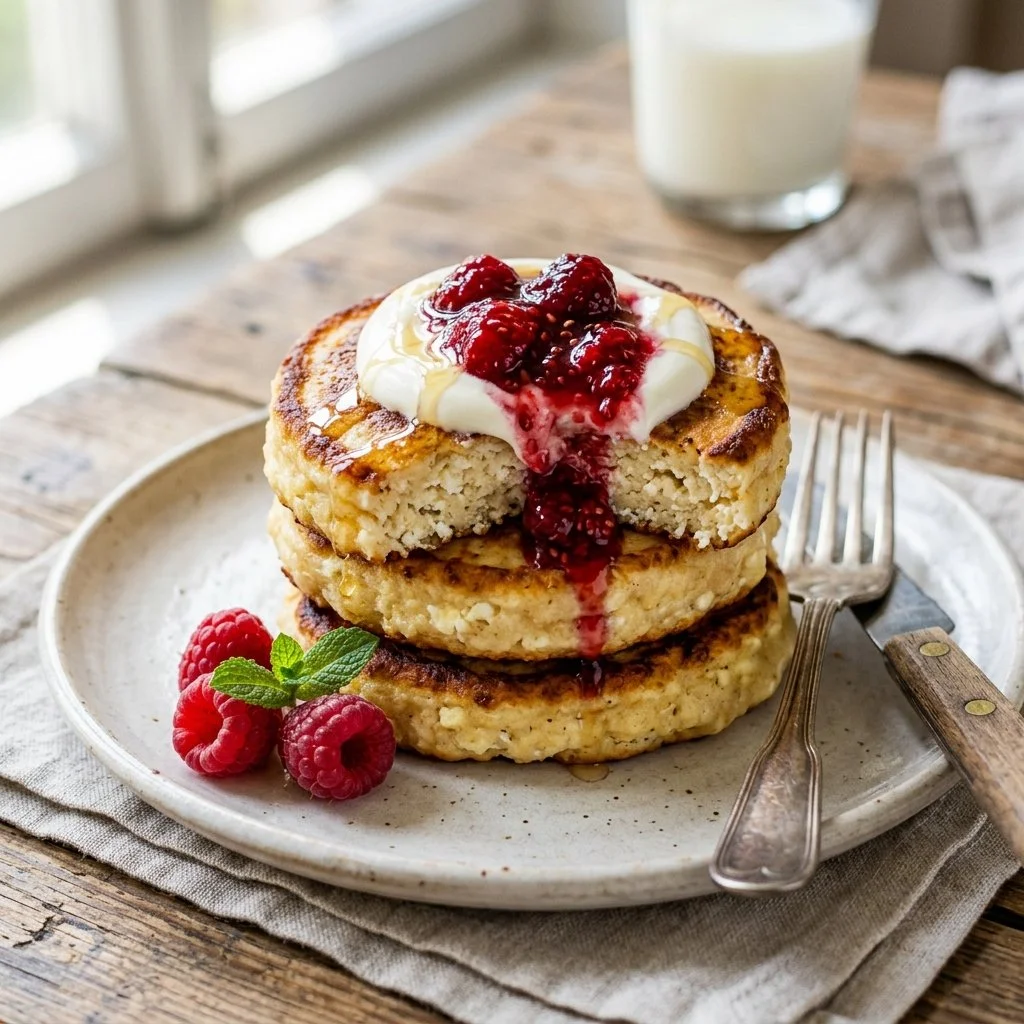 Fluffy cottage cheese pancakes served with syrup and fresh fruit