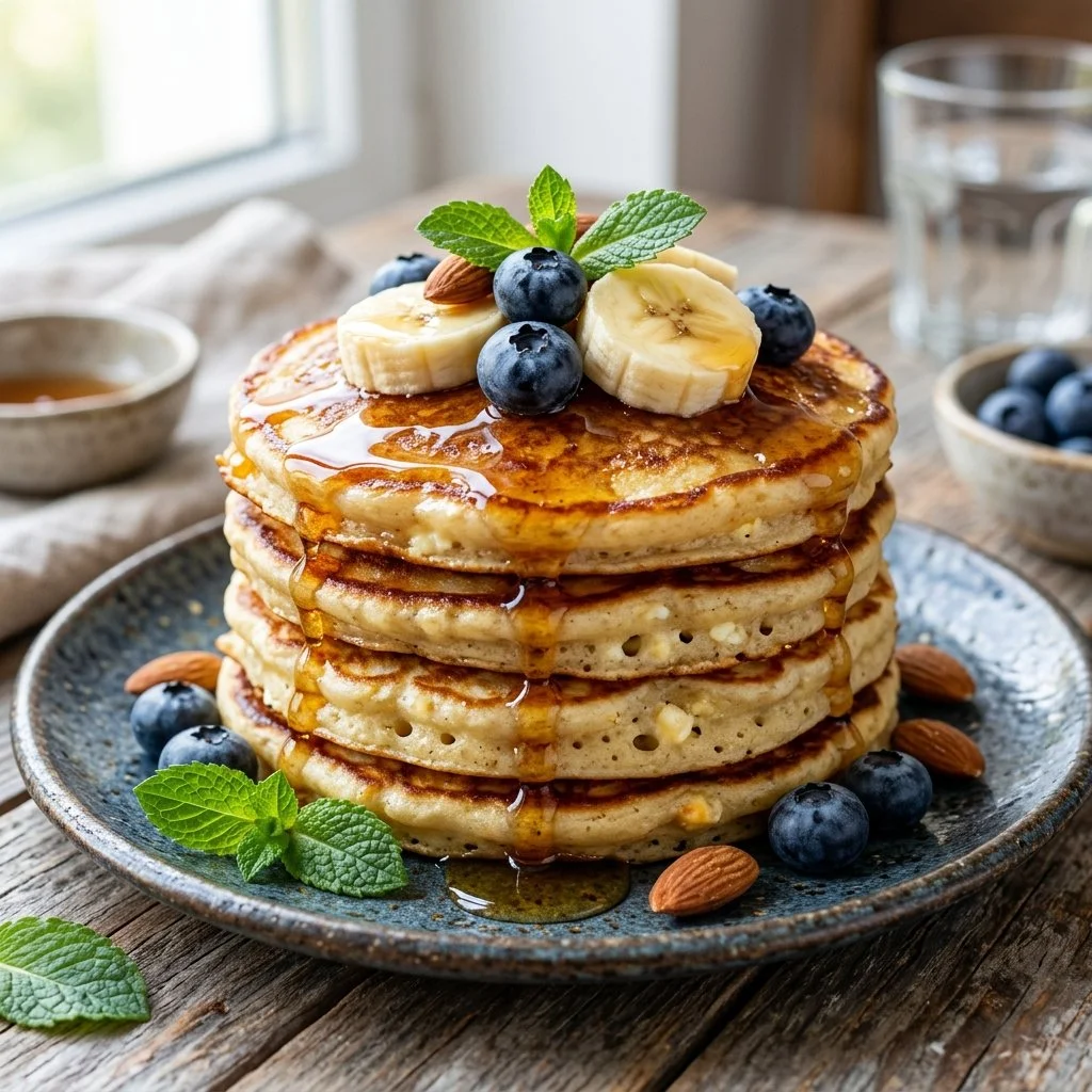 Fluffy cottage cheese protein pancakes topped with fresh fruits