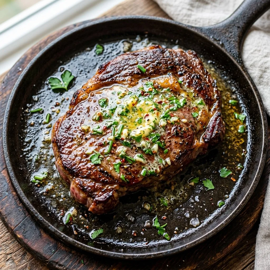 Juicy cowboy butter steak grilled to perfection with flavorful herbs and spices.