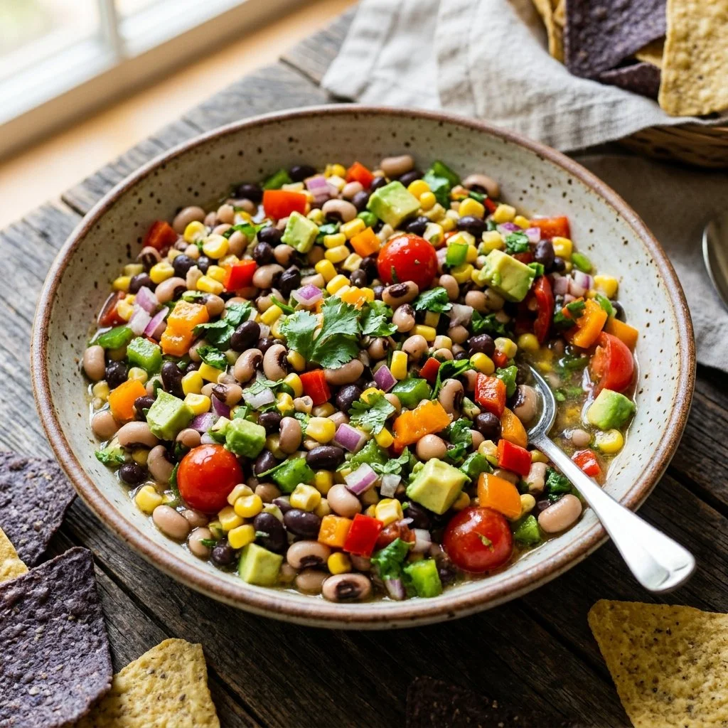 Colorful bowl of Cowboy Caviar dip loaded with black beans, corn, and veggies.