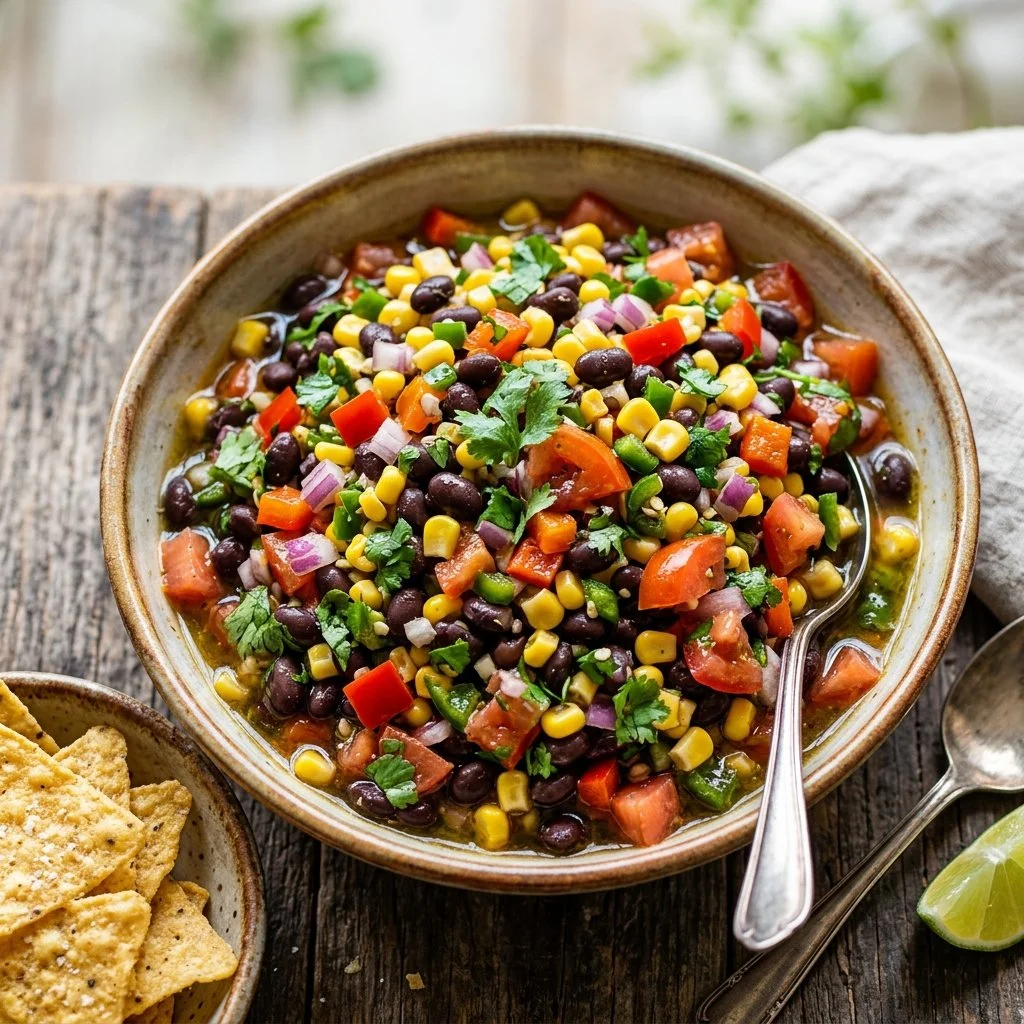 Delicious Cowboy Caviar served in a bowl, featuring black beans, corn, and colorful veggies.