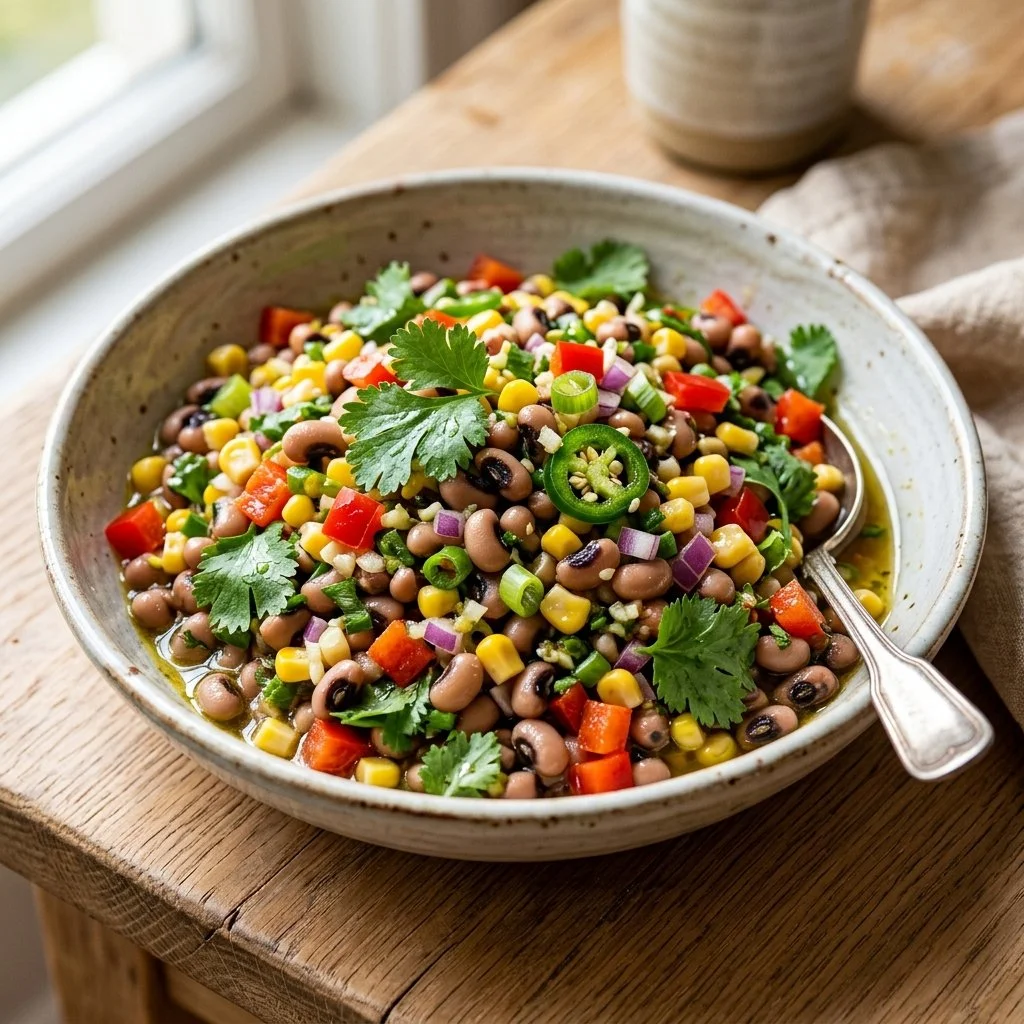 Bowl of colorful Cowboy Caviar, a fresh bean salad with vegetables and spices