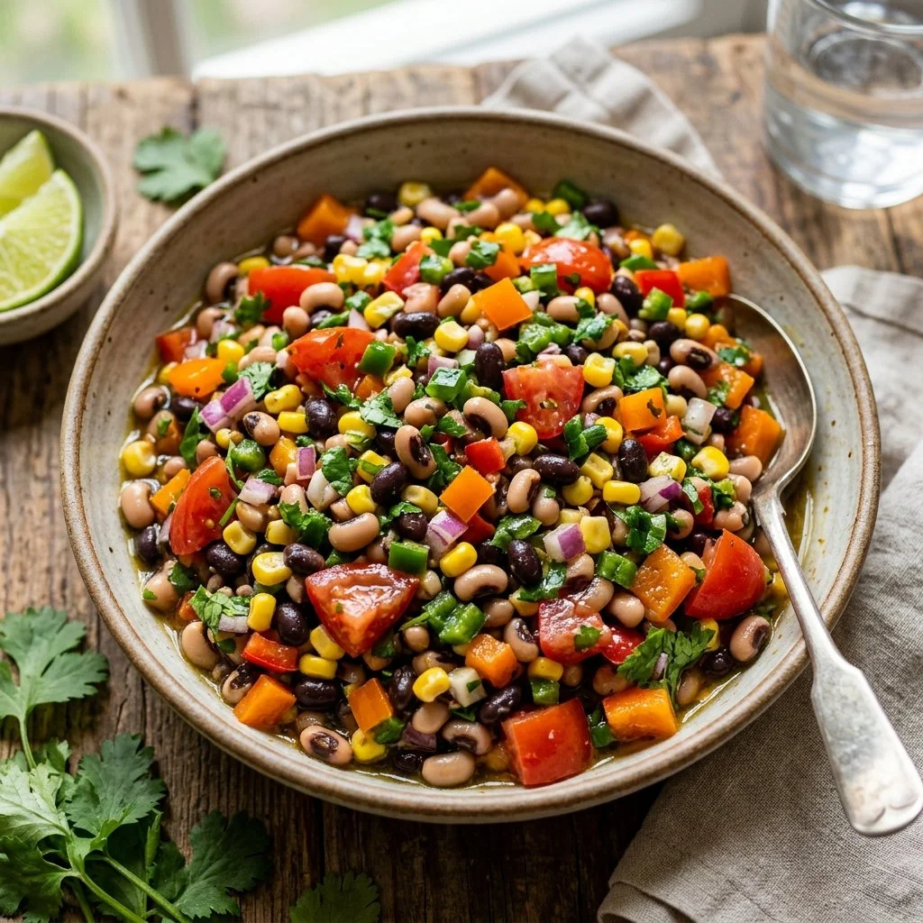Bowl of Cowboy Caviar with black-eyed peas and colorful vegetables