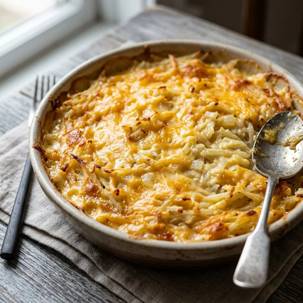 Cracker Barrel Hashbrown Casserole topped with cheese and baked to perfection