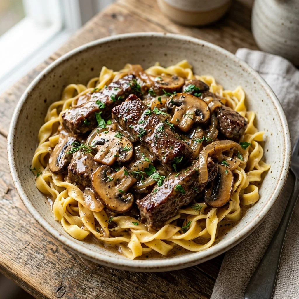 Delicious creamy beef stroganoff served on a plate with fresh herbs