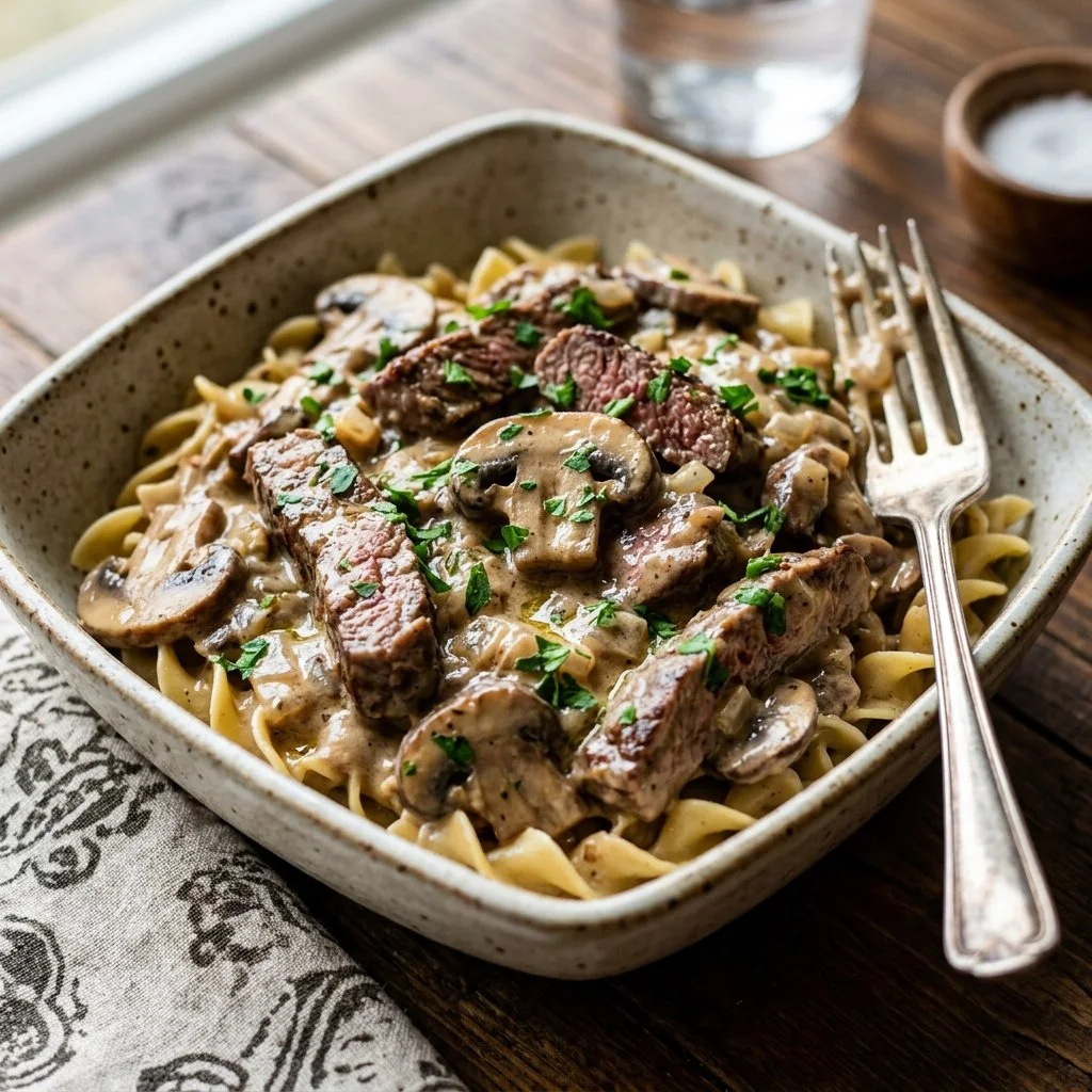 Delicious creamy beef stroganoff served in a bowl with herbs
