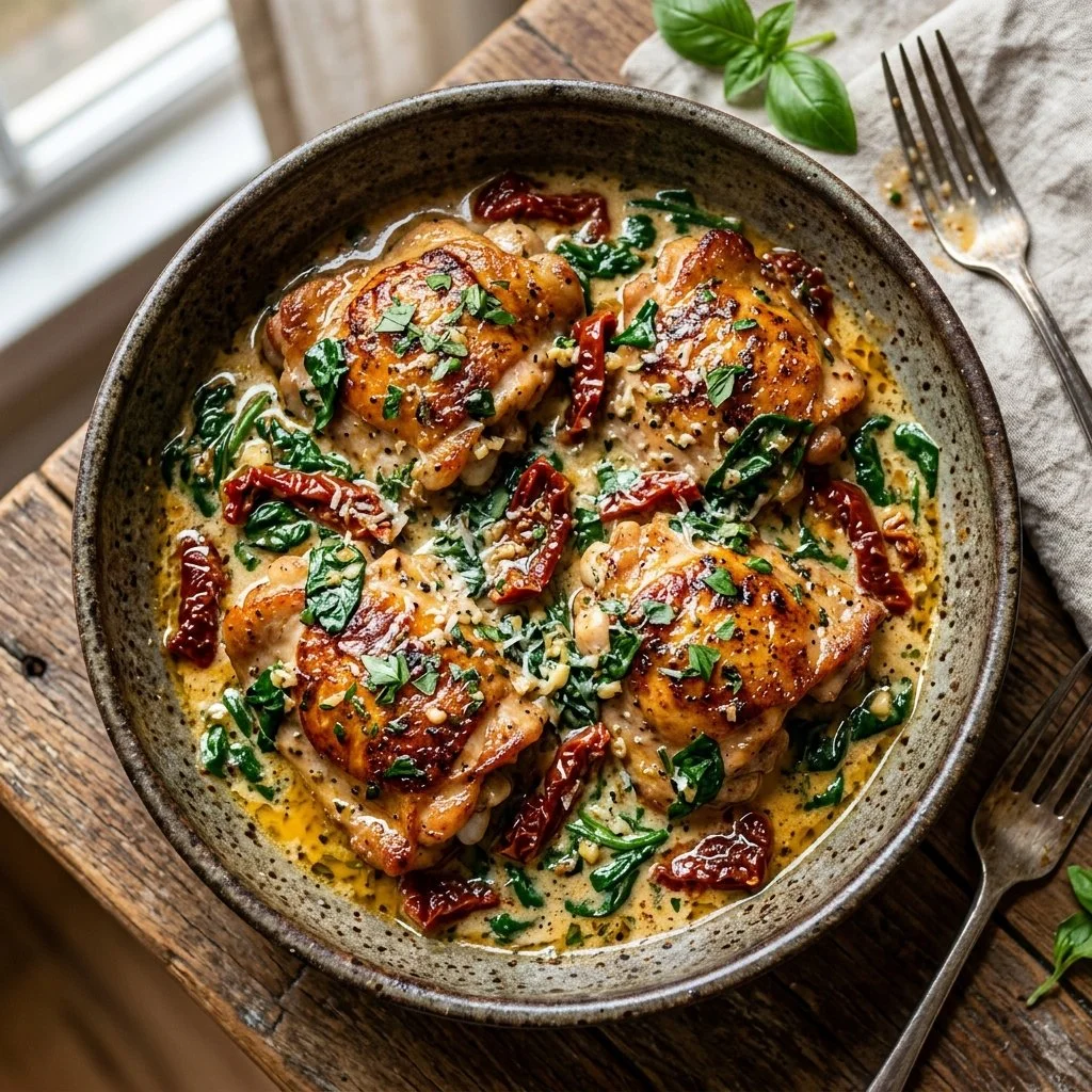 Creamy Tuscan chicken served with spinach and sun-dried tomatoes