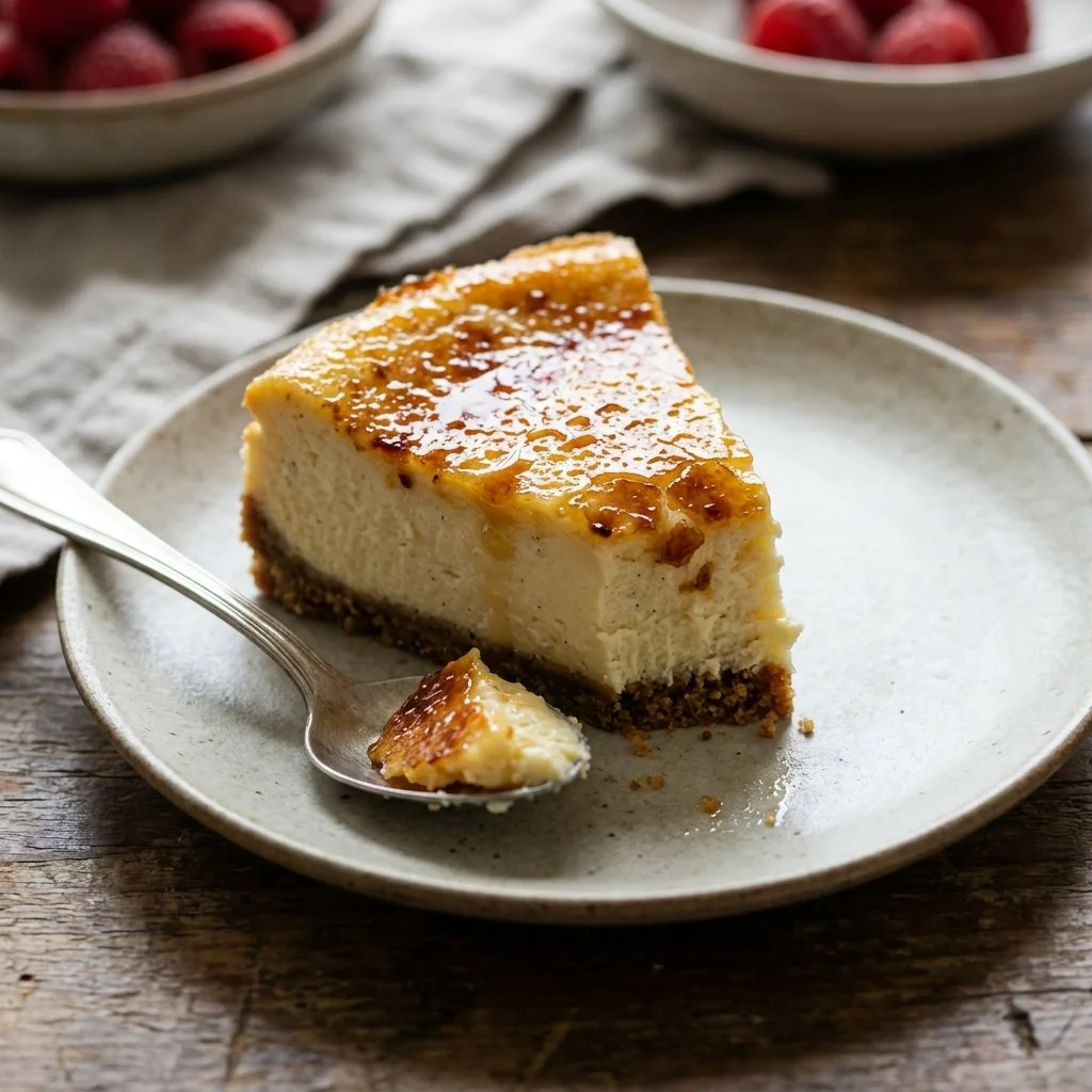Delicious Crème Brûlée Cheesecake topped with caramelized sugar crust.
