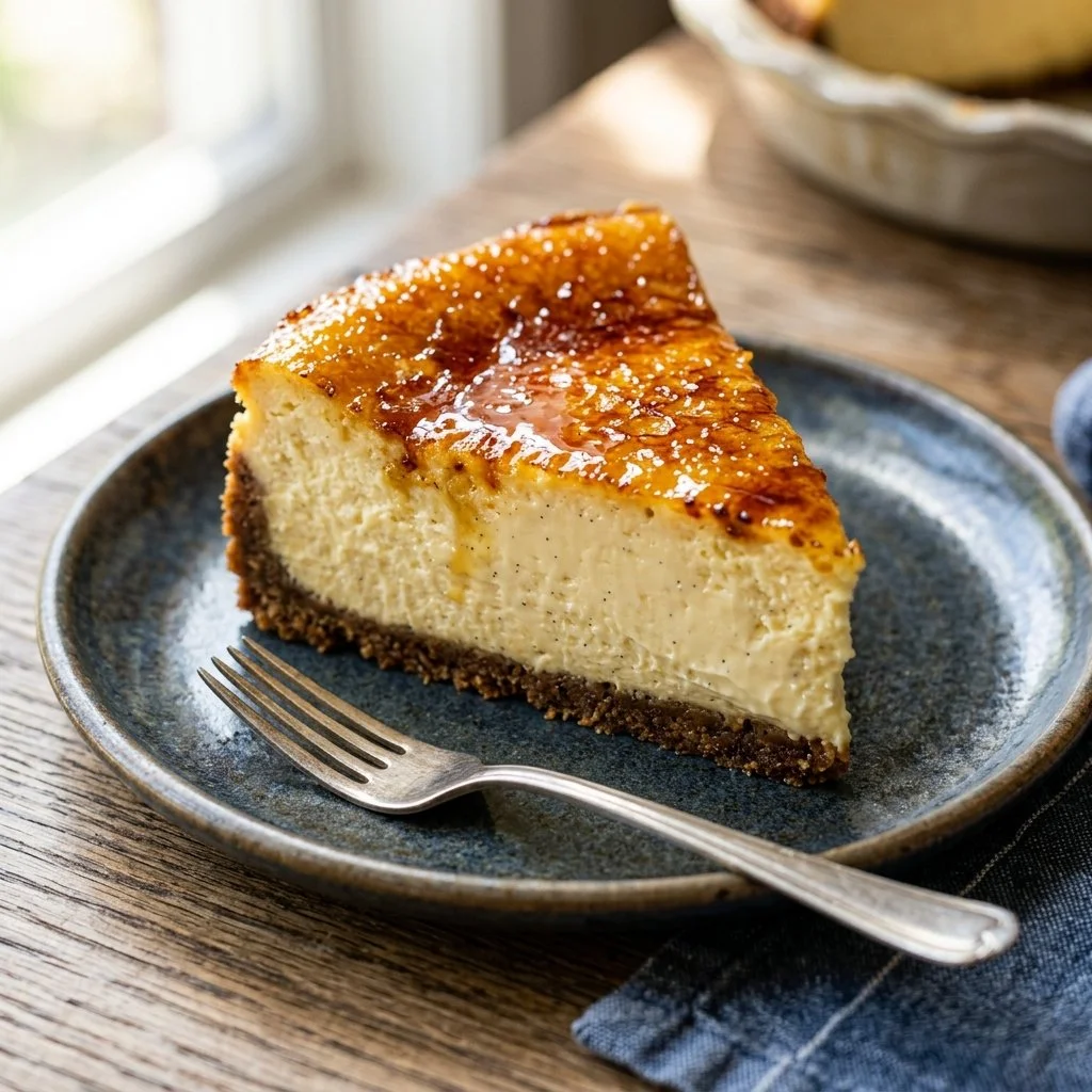 Delicious Creme Brulee Cheesecake with a caramelized sugar topping