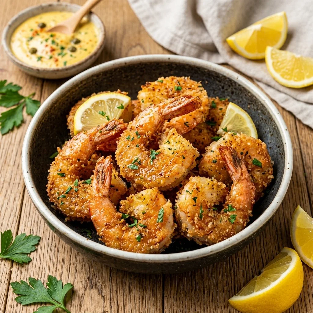 Crispy Air Fryer Shrimp served on a plate with dipping sauce