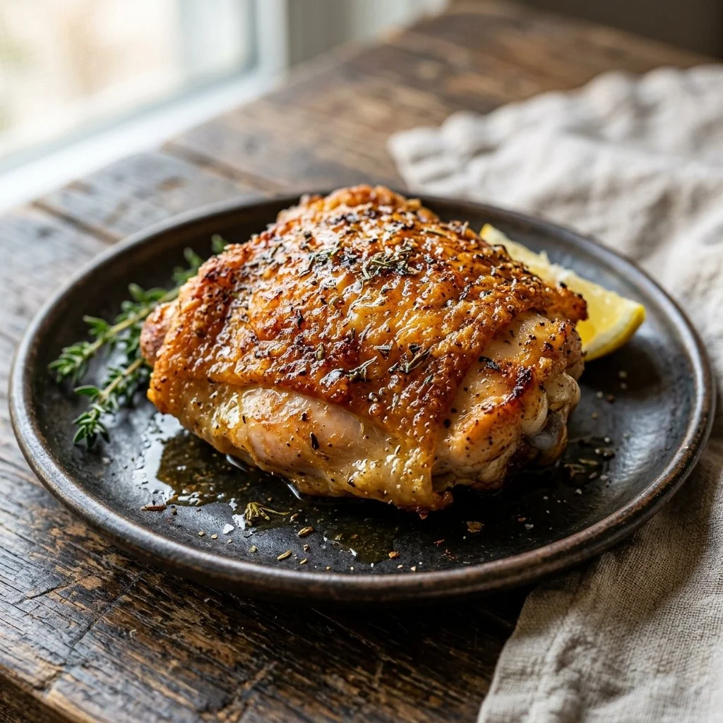 Delicious crispy baked chicken thighs served with sides