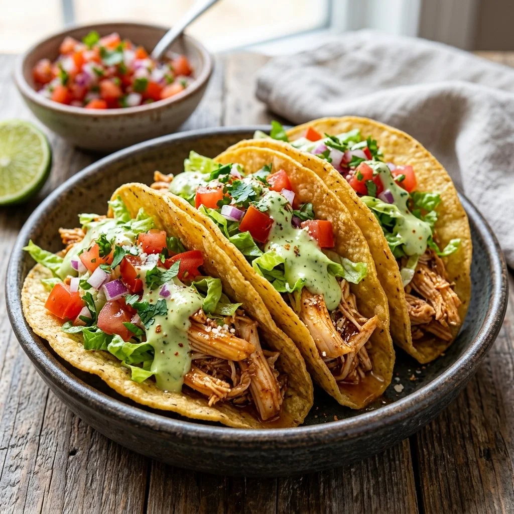 Delicious crispy chicken tacos served with fresh toppings and sauces.