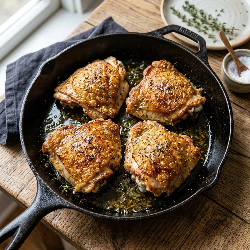 Crispy chicken thighs served on a plate garnished with herbs and spices.