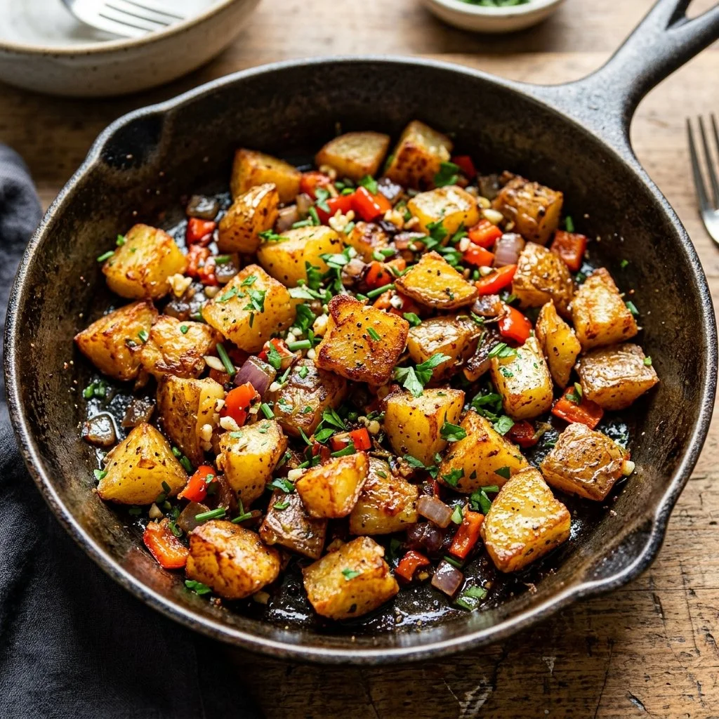 Crispy skillet breakfast potatoes served in a bowl with herbs