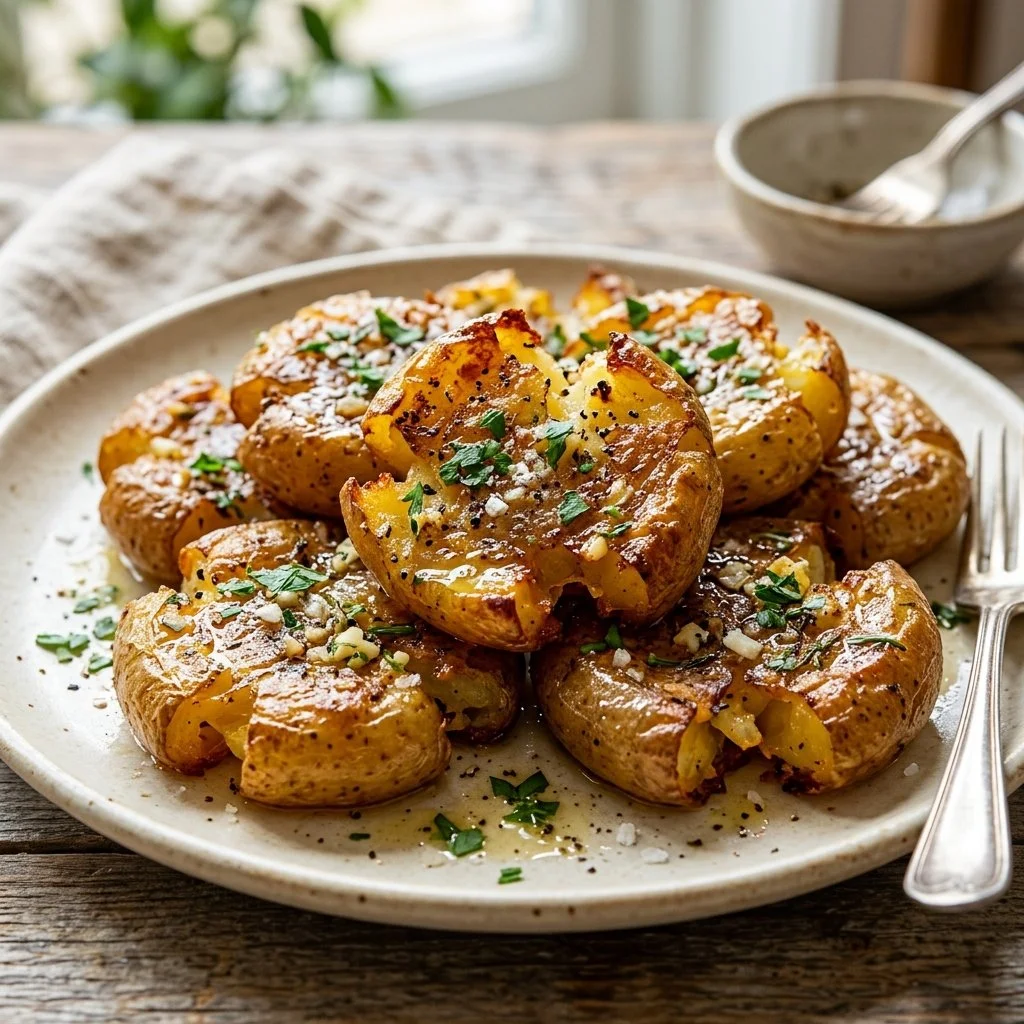 Plate of crispy smash potatoes garnished with herbs and spices