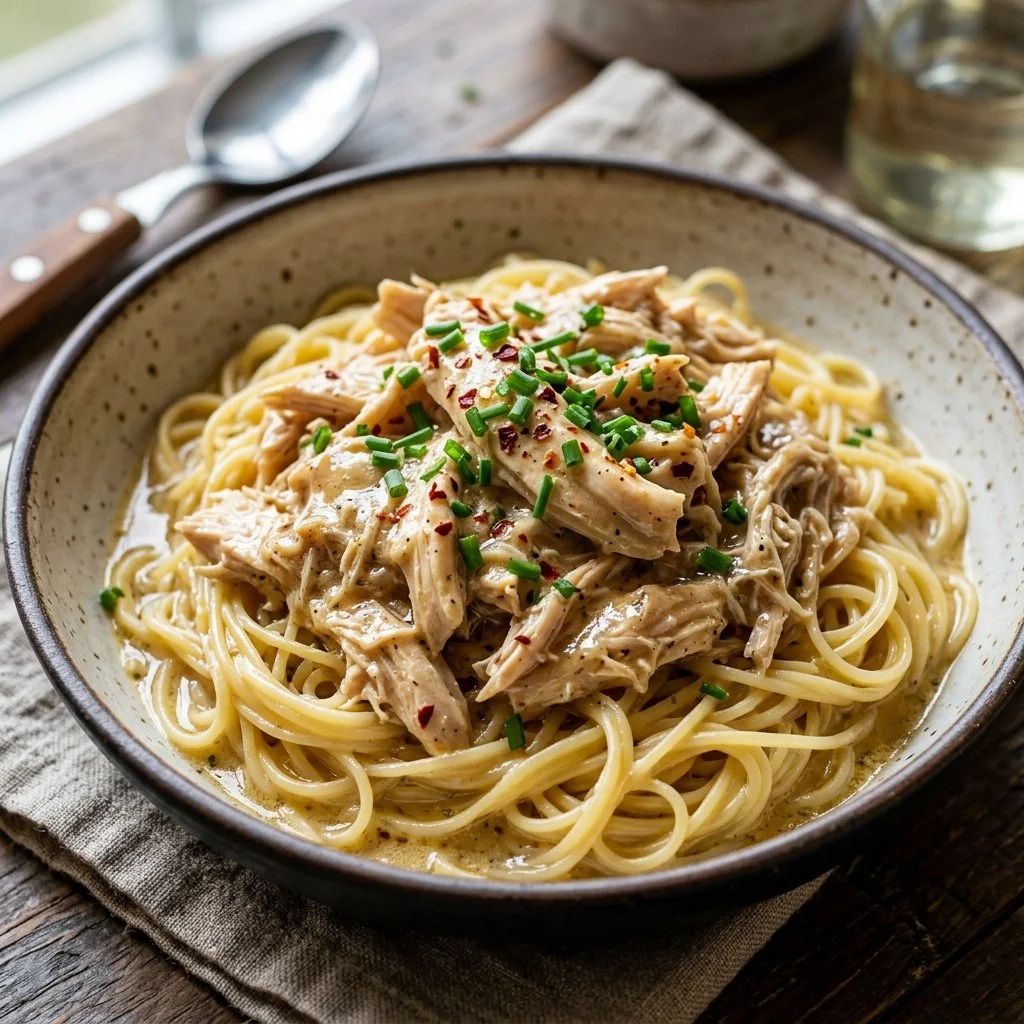 Crockpot Angel Chicken served on a plate with herbs and sides