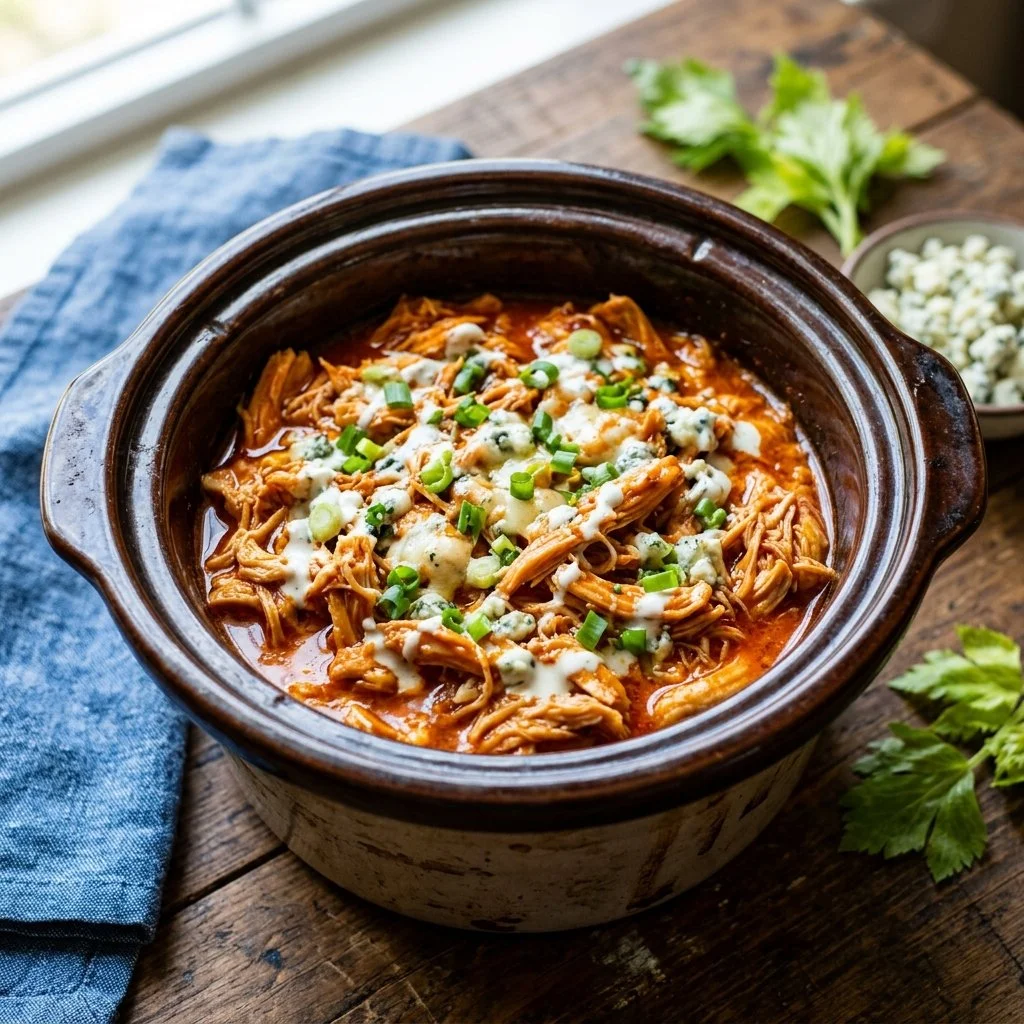 Crockpot Buffalo Chicken served in a bowl, garnished with celery and blue cheese dressing.