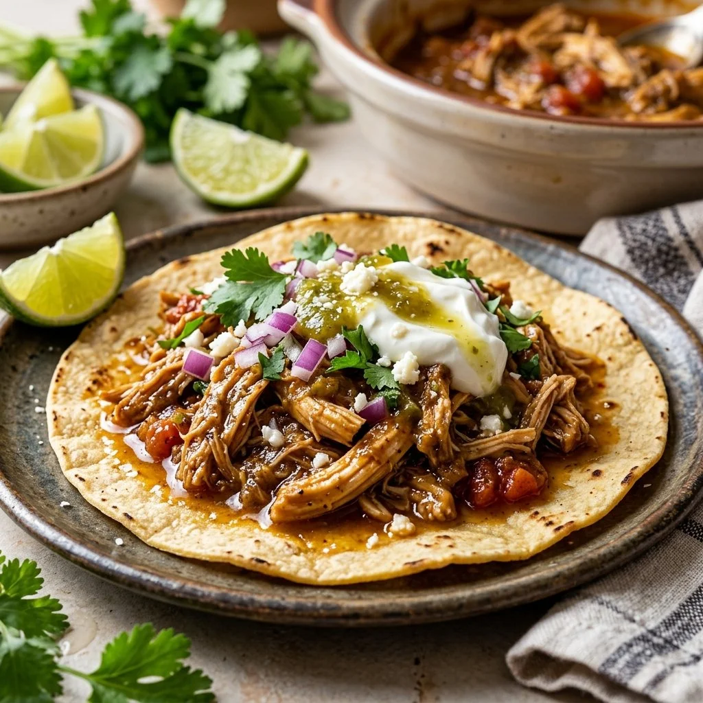 Crockpot chicken tacos served on a plate with fresh toppings