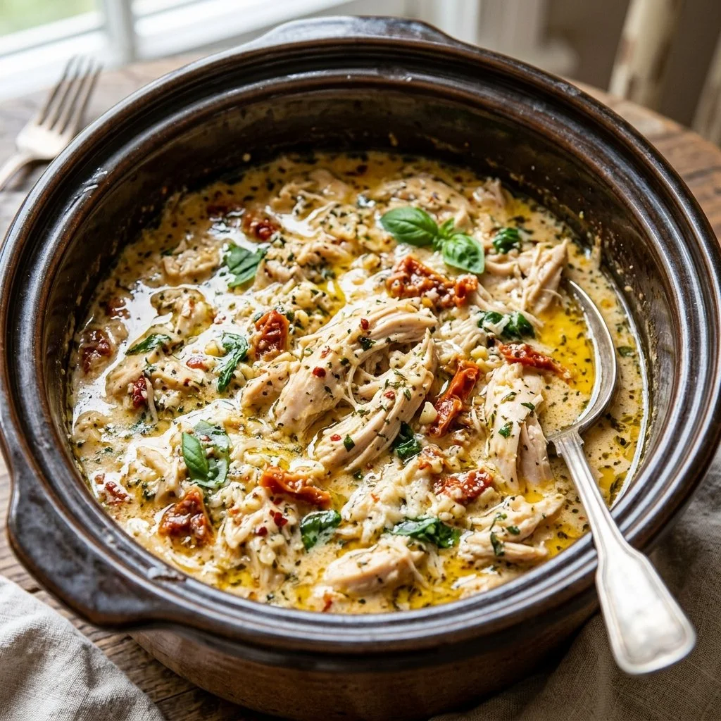 Crockpot creamy Italian chicken dish garnished with herbs and served with pasta.