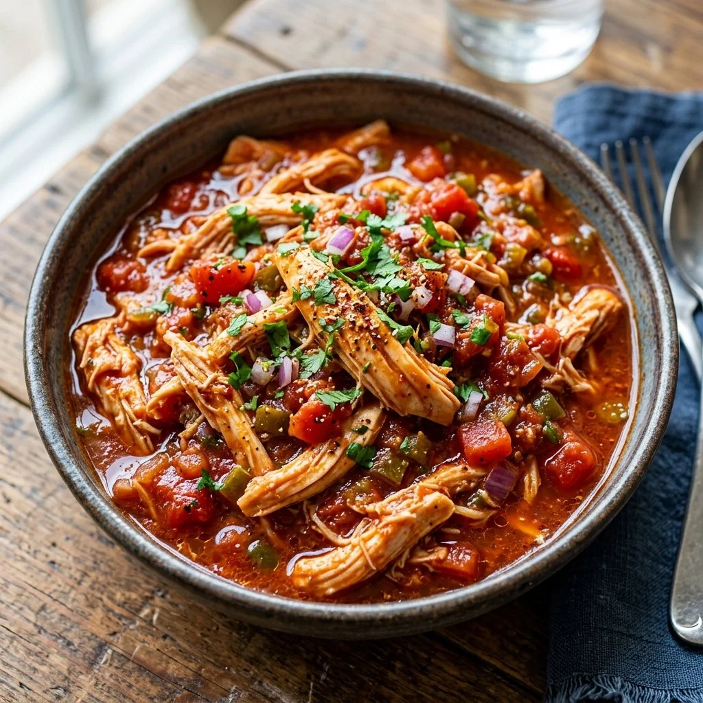 Crockpot Salsa Chicken in a bowl with colorful toppings