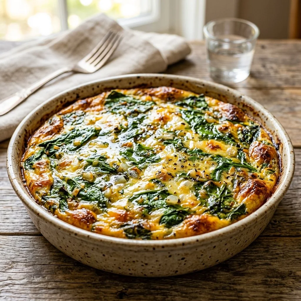 Crustless spinach quiche slice on a plate garnished with herbs