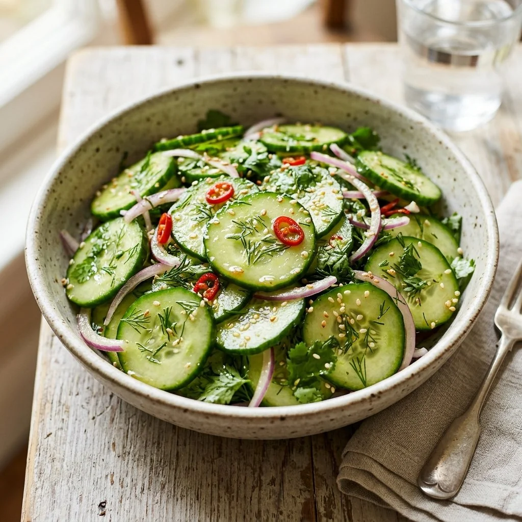 Fresh and vibrant cucumber salad with herbs and seasonings