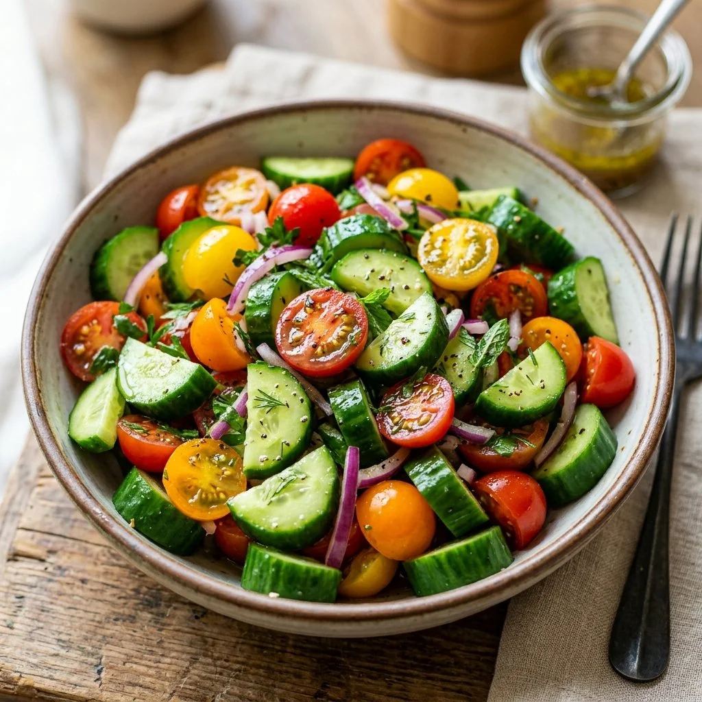 Fresh cucumber tomato salad served in a bowl with herbs