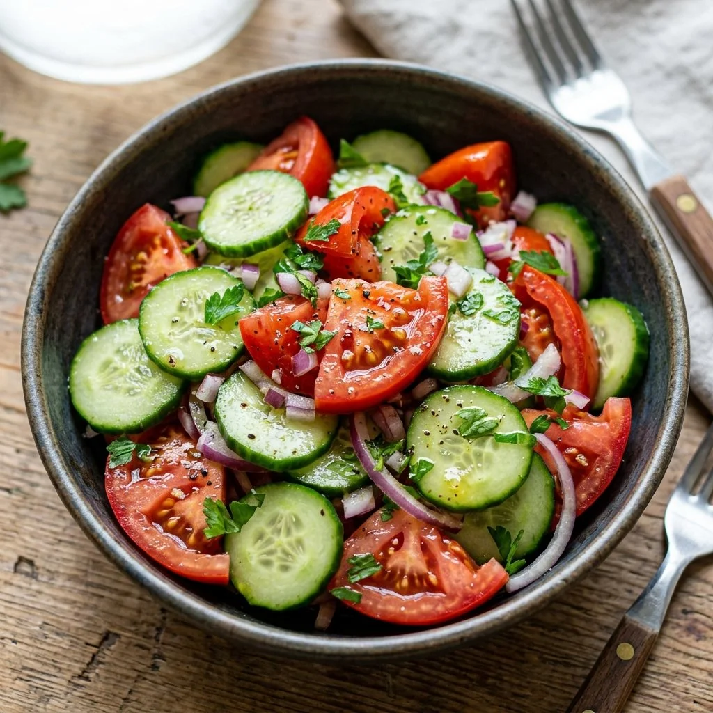 Fresh cucumber tomato salad in a bowl with herbs and dressing
