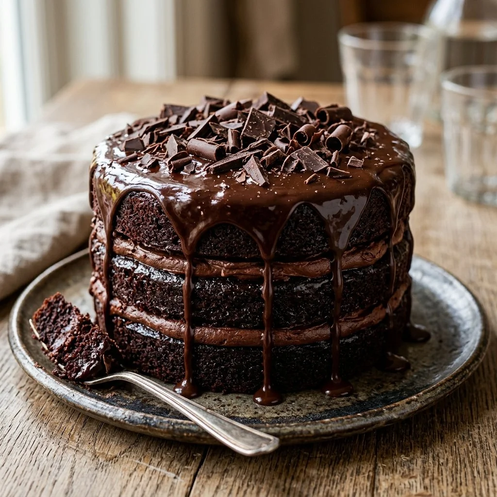 Delicious Death by Chocolate Cake topped with rich chocolate frosting and sprinkles