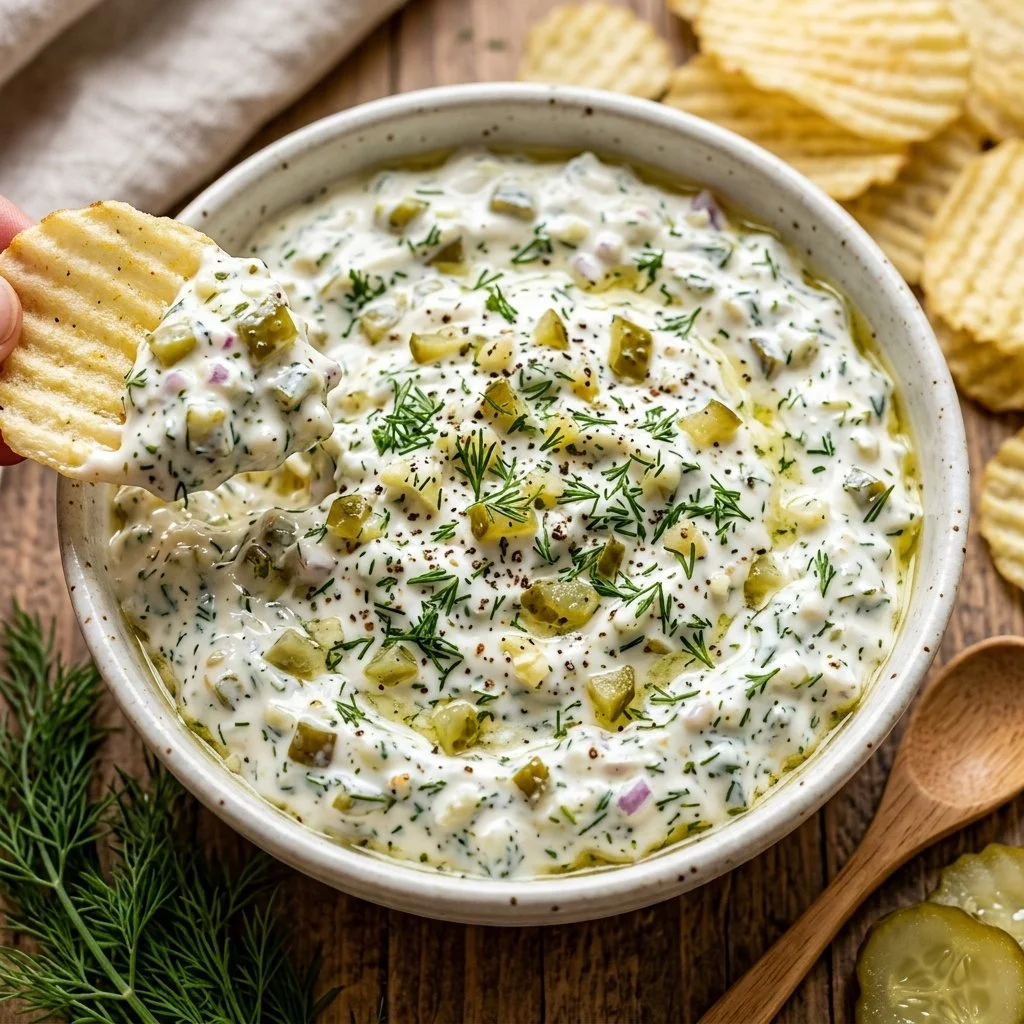 A creamy dill pickle dip served with fresh vegetables and chips