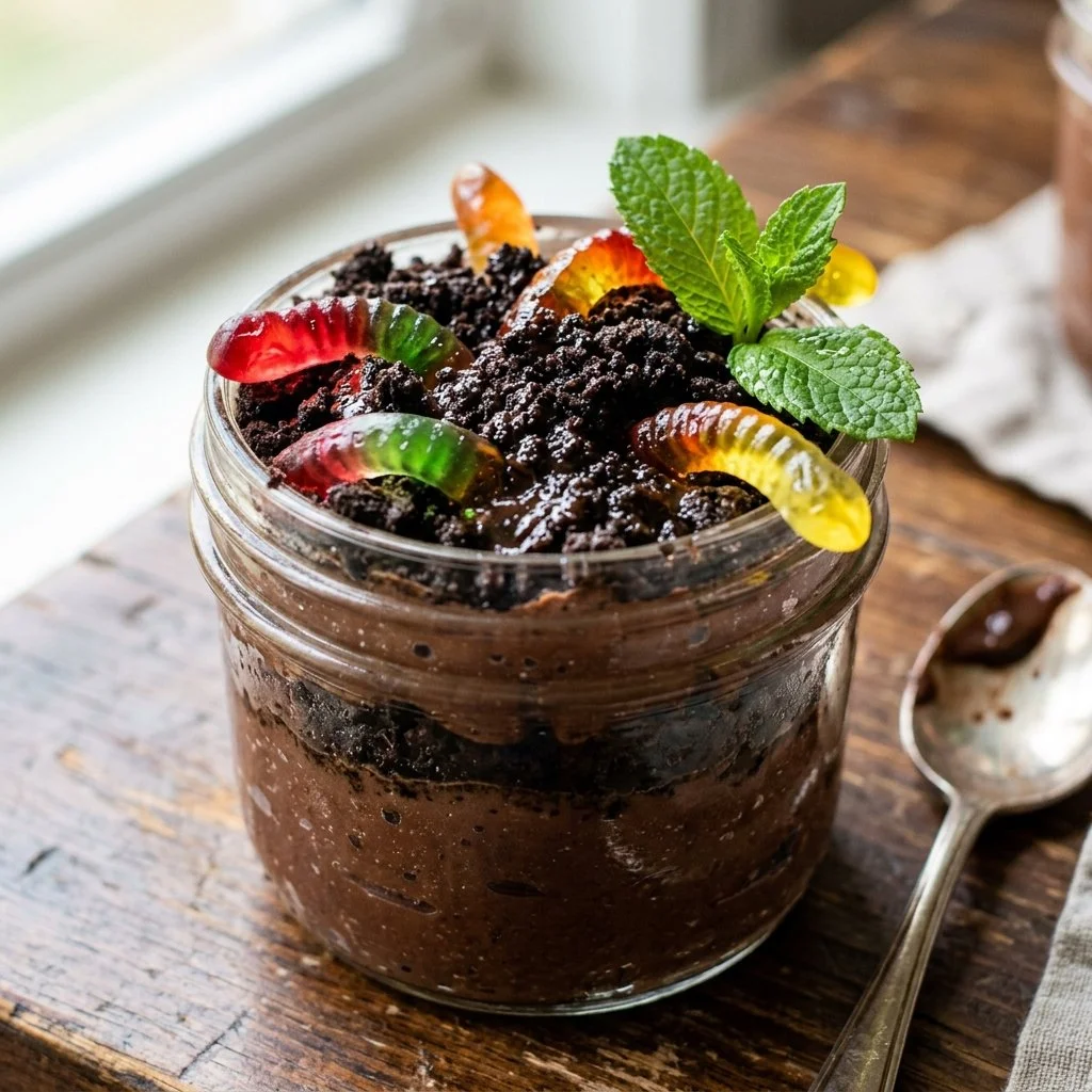 Delicious Dirt Dessert Pudding layered with crushed cookies and gummy worms