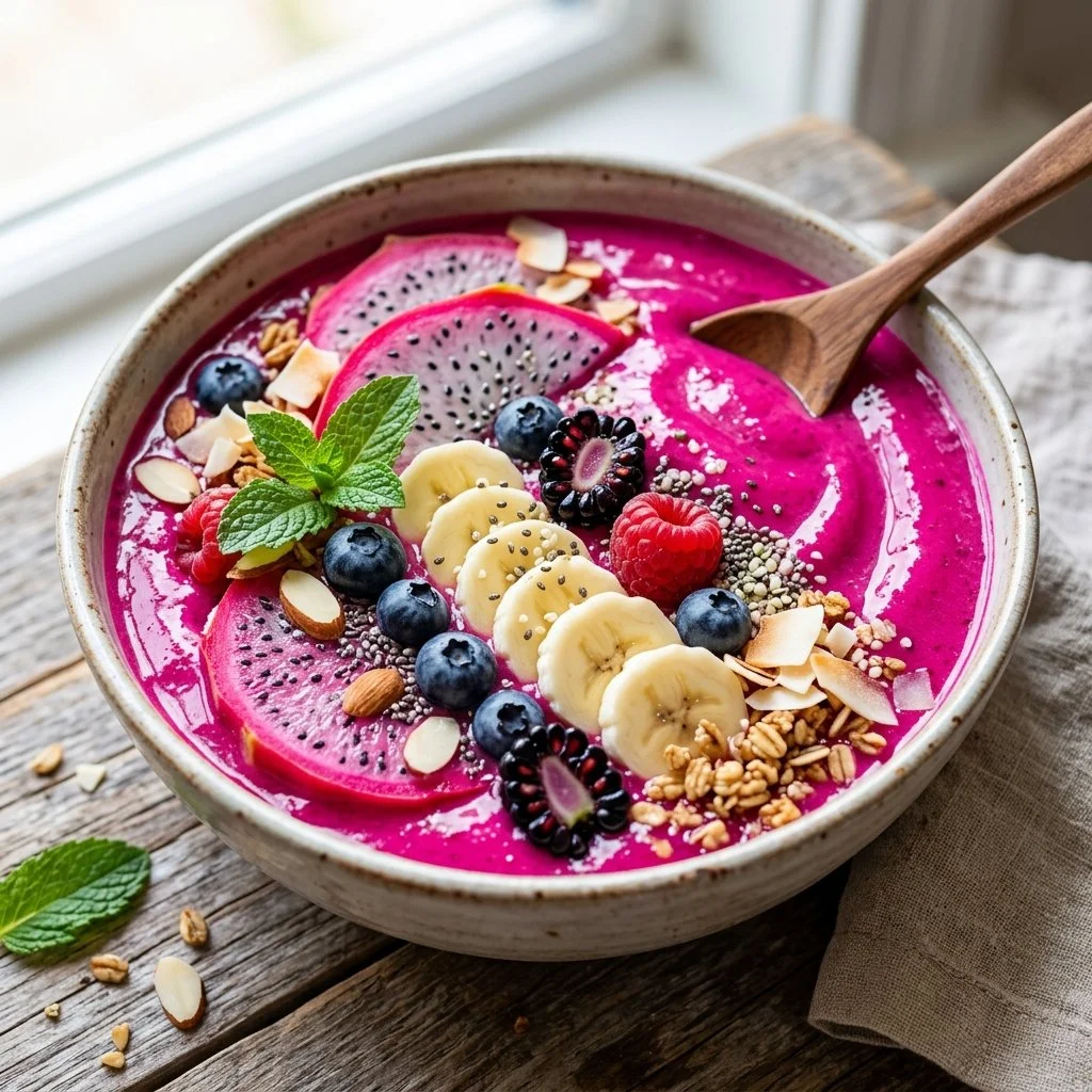 Colorful dragon fruit smoothie bowl topped with fresh fruits and seeds