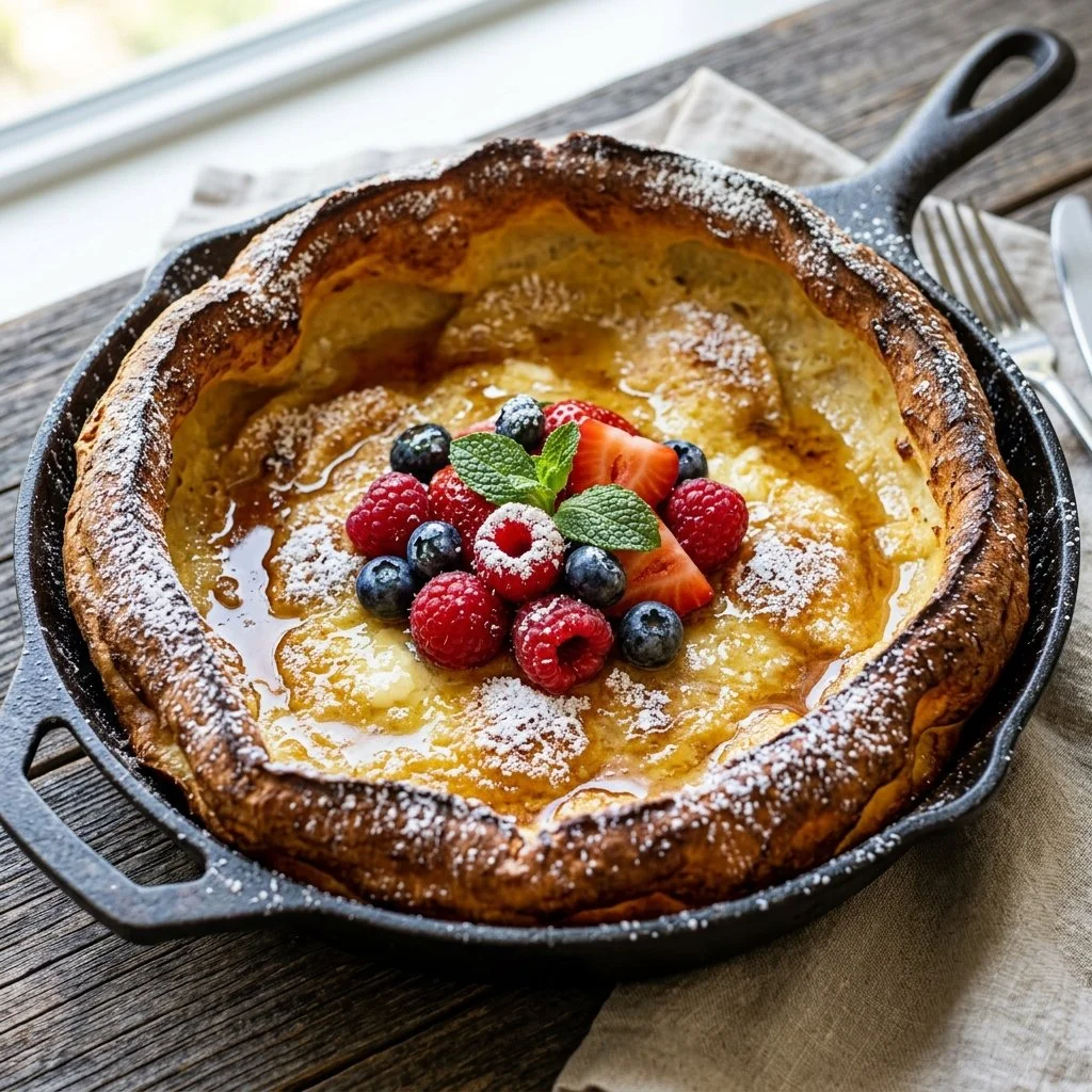 Fluffy Dutch Baby pancake topped with fresh fruit and powdered sugar