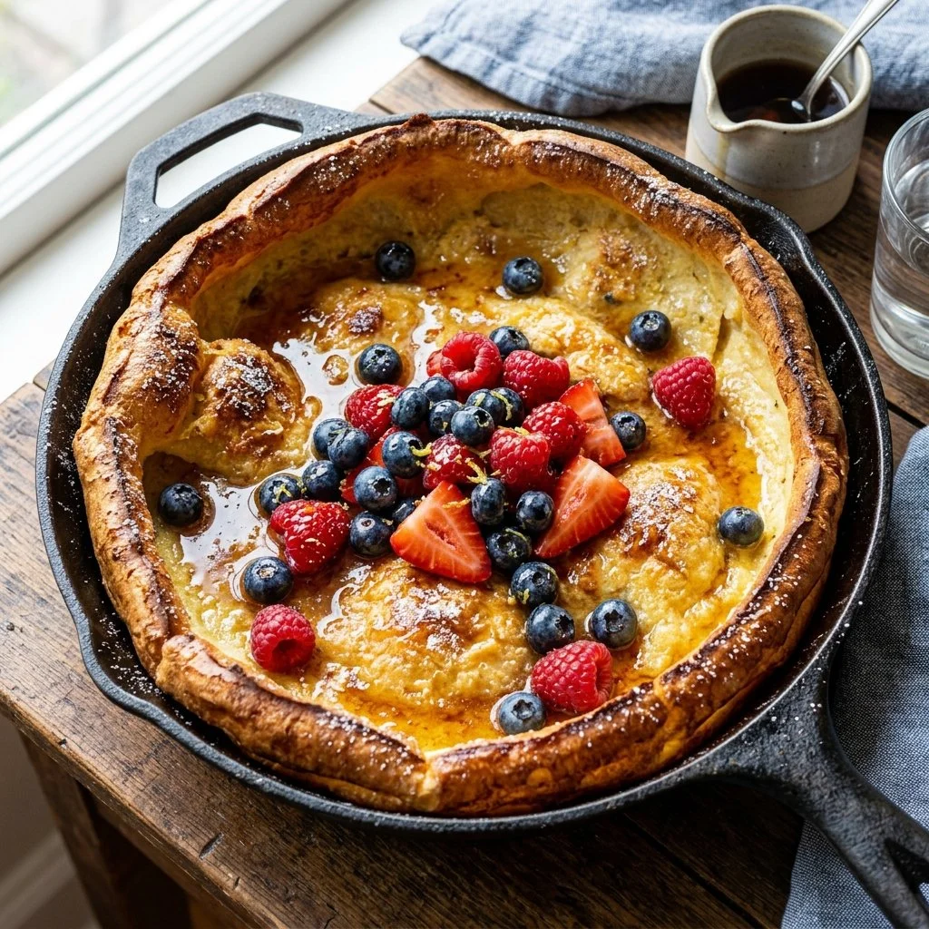 A delectable Dutch Baby pancake topped with fresh fruits and powdered sugar.