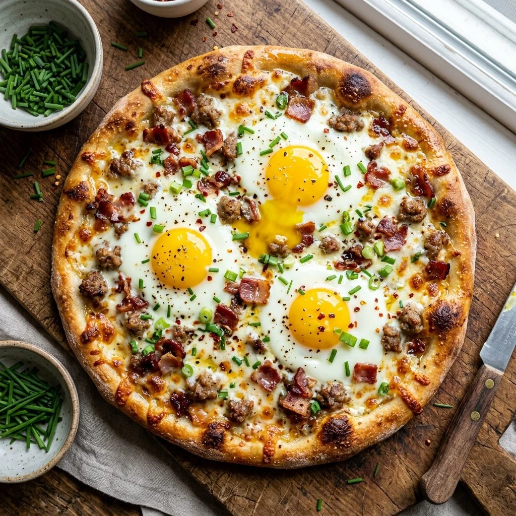 Delicious easy breakfast pizza topped with eggs, cheese, and vegetables