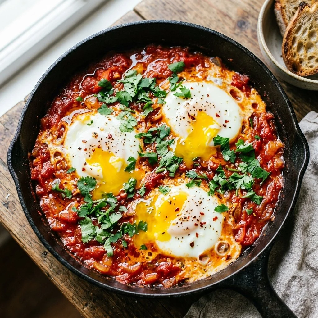 Plate of shakshuka topped with eggs and herbs