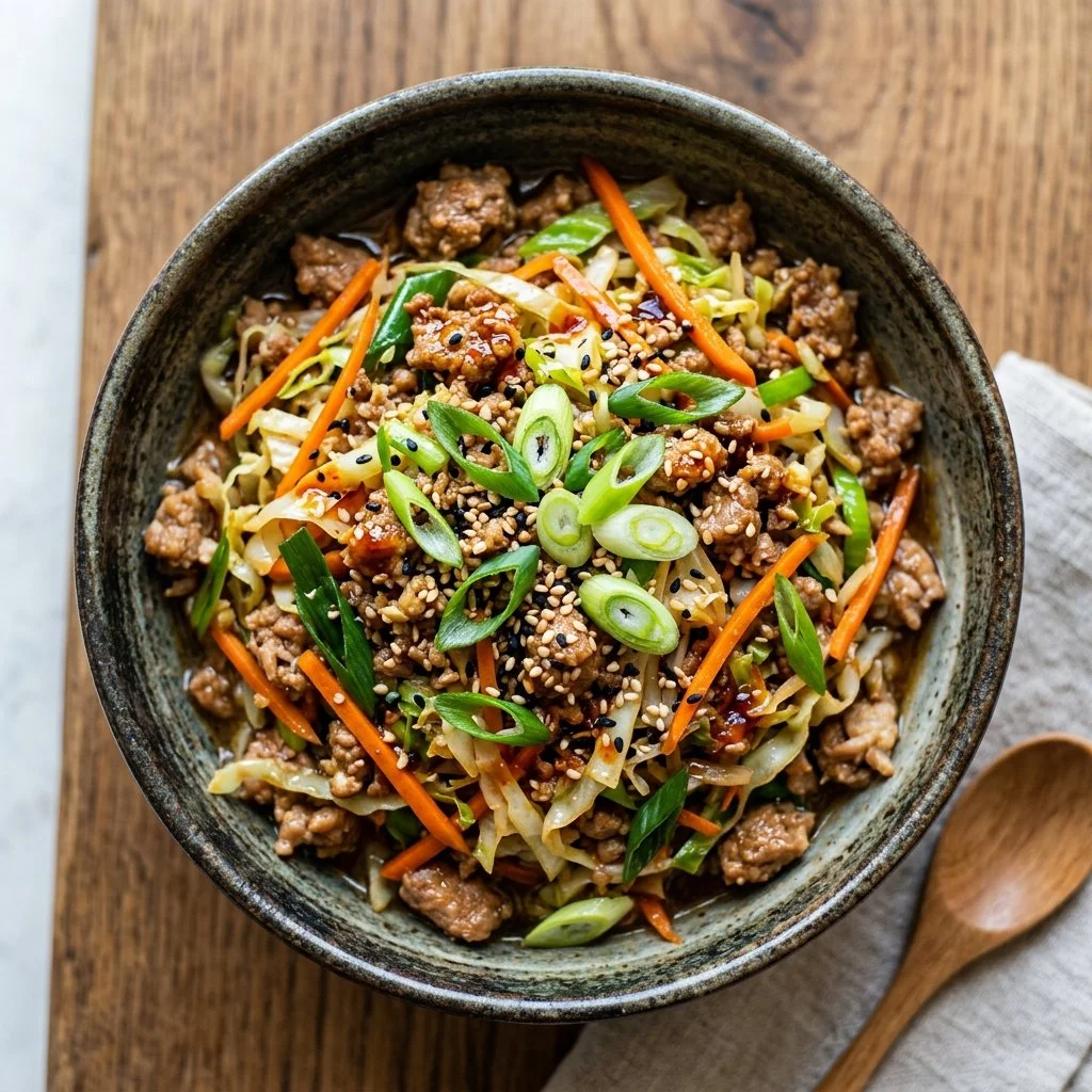 Colorful egg roll in a bowl topped with fresh vegetables and sauces.