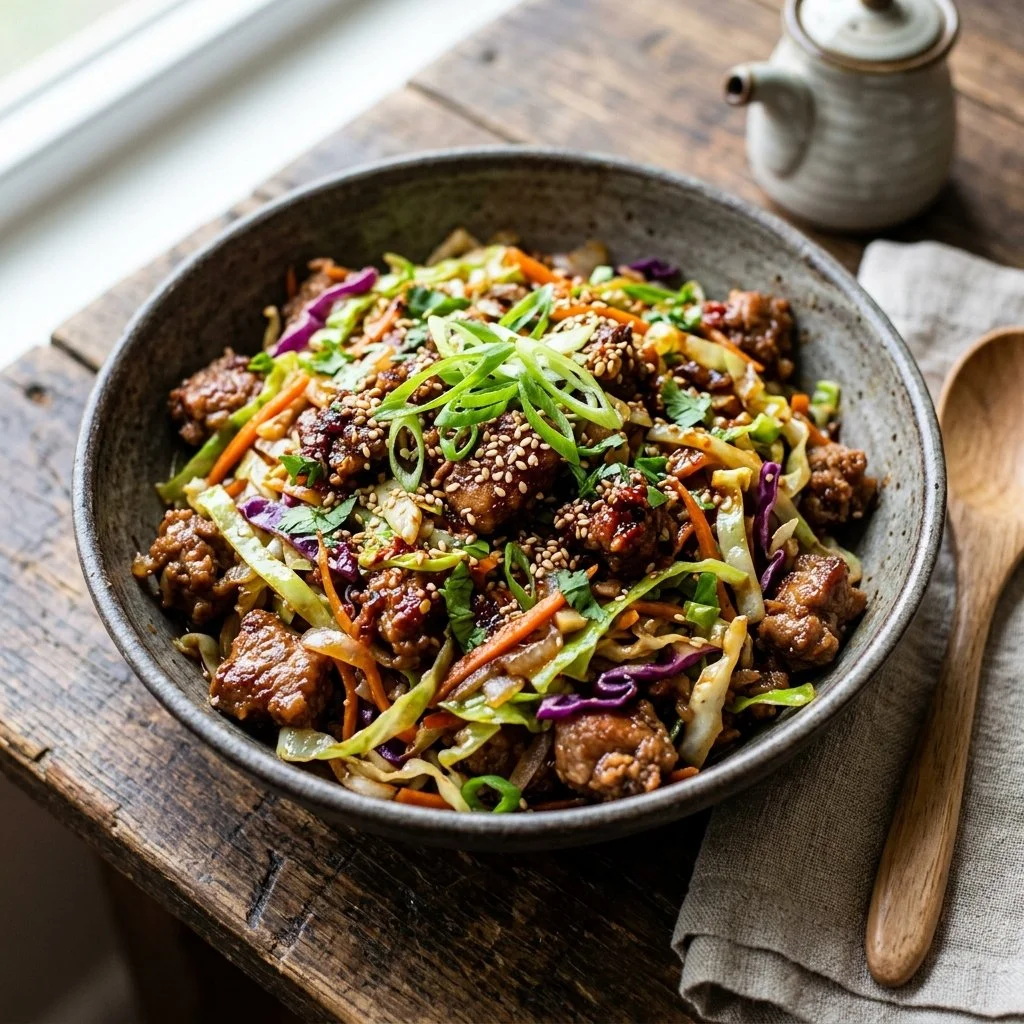 Delicious Egg Roll in a Bowl with fresh vegetables and protein