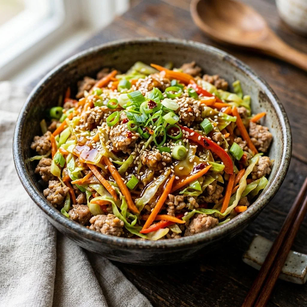 Delicious egg roll in a bowl with fresh vegetables and savory sauce